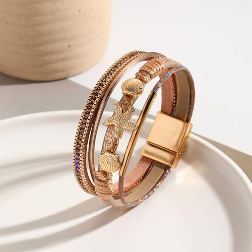 VIBILIA Boho Leather Wrap Bracelets for Women Multi-Layer Bracelets | With Strong Clasp Jewelry for Women - color: 04-ShellStarfish-Champagne