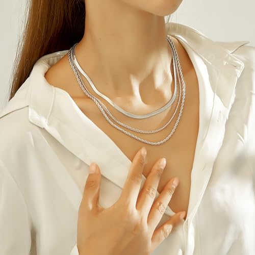 wgoud Gold Necklace for Women Waterproof,14K Real Gold Plated Herringbone Choker Necklace for Women Trendy, Dainty Gold Chain Necklaces Stack,Simple Layered Gold Necklaces for Women Jewelry Gifts - color: 3Pcs Silver Necklace