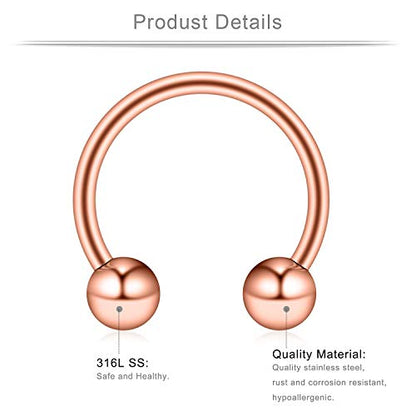 16-24PCS 16G Surgical Steel Horseshoe & Captive Bead Nose Hoop Septum Earring Eyebrow Tongue Lip Nipple Helix Tragus Piercing Jewelry Rings 6-16mm - color: 24PCS - Rose Gold