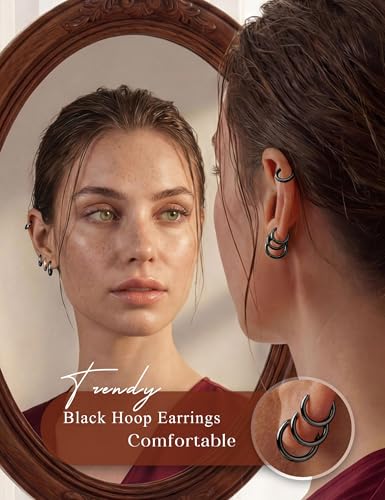 Tungary Small Gold Hoop Earrings for Women Huggie CZ Hoops Earring Stacks | Hypoallergenic Earing Hoops for Sensitive Ears, Earrings Stack Set for Cartilage, Secure Clasp, Silver/Black/14K Gold Plated - color: Black-Plain Huggies