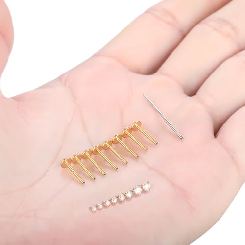 Xpircn Flat Back Stud Earrings 14K Gold Plated Internally Threaded CZ Stud Piercing Jewelry for Tragus Helix Cartilage Conch Nose Hypoallergenic Lip Labret Medusa Piercing 16G 18G - color: 18 Gauge, Gold, size: 10mm Bar