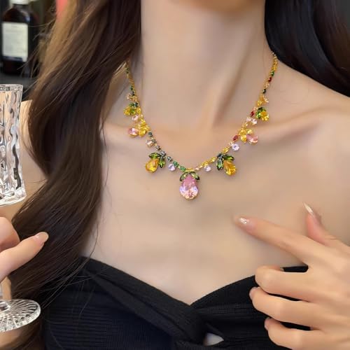 NewZenro Colorful Crystal Flower Teardrop Leaf Tennis Necklace for Women Gold-Tone Dainty Sparkling Rainbow Multicolor Rhinestone Cubic Zirconia Choker Necklaces Bride Wedding Party Fashion Jewelry