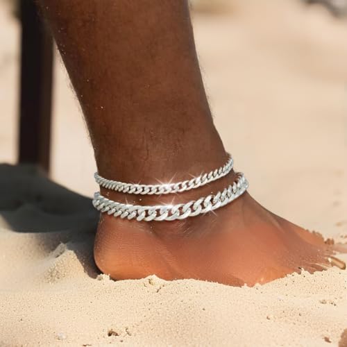 Ankle Bracelets For Women Waterproof Adjustable Ankles 18KGold Plated Dainty Trendy Layered Cuban Link Chain Anklets Set Beach Jewelry - color: silver