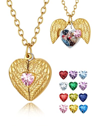 FindChic Locket Necklace for Women Custom Photo Memorial Gifts 4 Colors | Silver/Black/Rose Gold/Gold Plated Personalized for Loved Ones, Birthday Valentine's Day Keepsake - style: 04. Birthstone Style 1-Gold