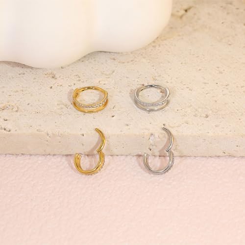 Cartilage Helix Conch Piercing Jewelry Gold Hoop Women Earrings | 2pcs, Huggie, Made of Stainless Steel, 14k Gold Plated, Hypoallergenic, Sparkly Cubic Zircon, Double Hoop design - color: Zircon Gold, size: 18g-10mm
