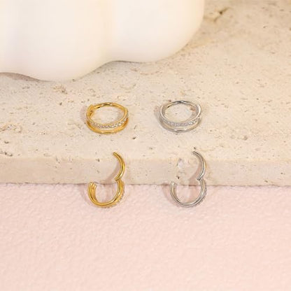 Cartilage Helix Conch Piercing Jewelry Gold Hoop Women Earrings | 2pcs, Huggie, Made of Stainless Steel, 14k Gold Plated, Hypoallergenic, Sparkly Cubic Zircon, Double Hoop design - color: Zircon Gold, size: 18g-10mm
