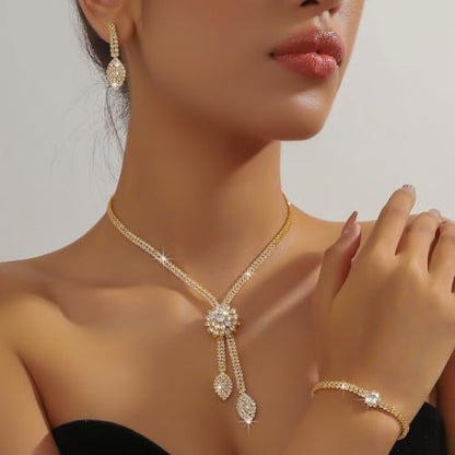 4 Pieces Cubic Zirconia Wedding Jewelry Sets for Bride Rhinestone Bridal Jewelry Set Necklace Bracelet Earring Ring for Brides Bridesmaid for Wedding Party - color: 3 PCS-Gold