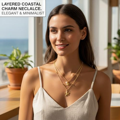 Gold-plating Necklaces for Women, Pearl Seashell Flower Pendant Necklace, Boho Lariat Long Necklace Set, Trendy Summer Beach Jewelry - color: Gold 3