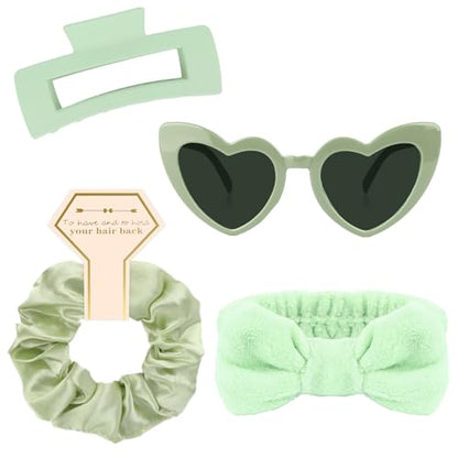 Semato 4 Pcs Green Bridesmaid Proposal Gifts Bridesmaid Spa Headband, Hair Claw Clips, Heart Shaped Sunglasses and Smooth Satin Scrunchies - color: Green