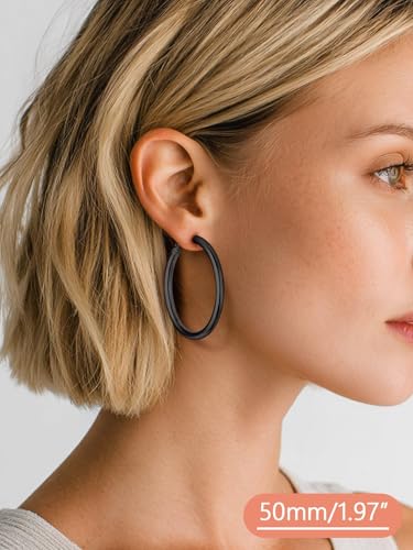 FaithHeart Silver/Black/Gold Stainless Steel Chunky Hoop Earrings for Women | Hypoallergenic Lightweight Hoop Earrings, Trendy Statement Thick Hoop, 20/30/40/50/60/70/80mm - color: Black, size: 50mm