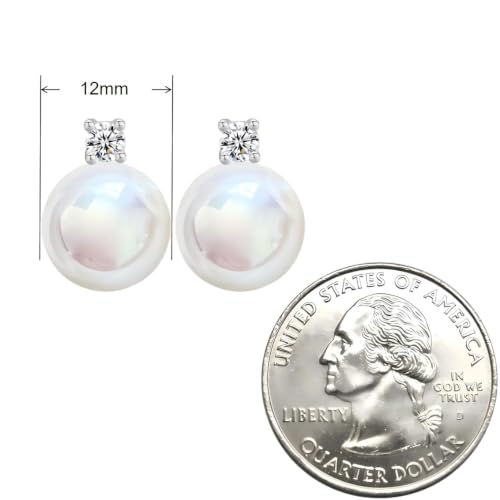 Faux Pearl Cubic Zirconia Stud Earrings, Hypoallergenic Lightweight Round Pearl Studs for Women - color: Pinkish White, size: Pearl 12mm-CZ 3mm