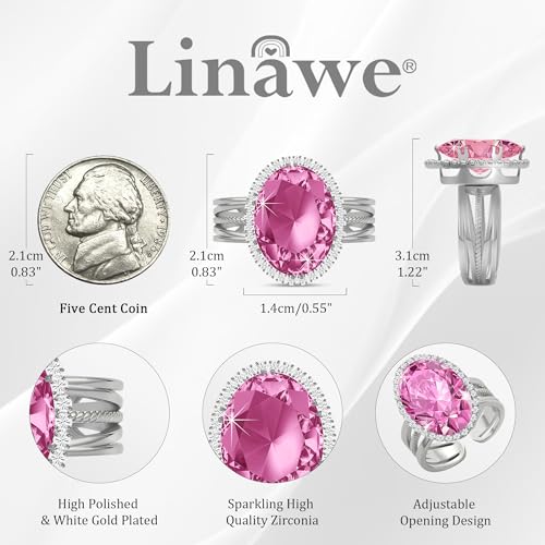 Linawe Costume Jewelry Adjustable Cocktail Ring for Women | Copper, Rhinestone, Cubic Zirconia, Oval, Fake Diamond, Crystal, Stone, Birthstone, Gemstone, Big, Chunky, Statement - color: White Pink