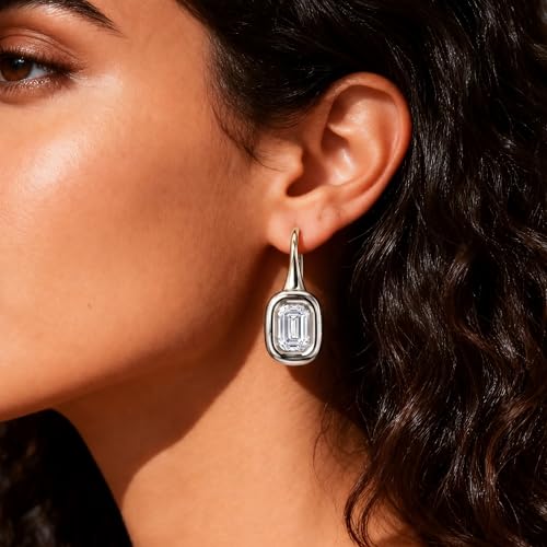 14K Gold & Silver Plated Trendy Bezel Set Cubic Zirconia Drop Earrings Minimalist Teardrop Hook Earrings for Women Diamond Crystal Charm Statement Teardrop Earrings Jewelry Gifts - color: Silver-Rectangular zircon