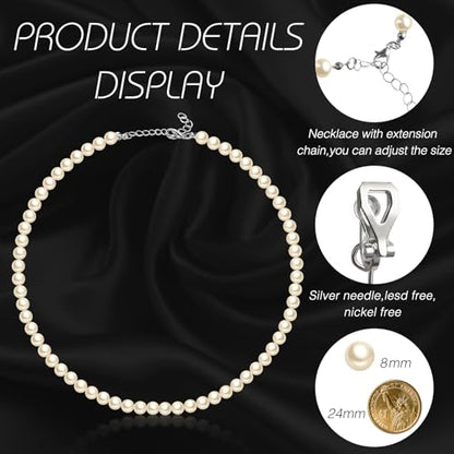 3 Pcs Pearl Jewelry Set Faux Pearl Clip on Earring Necklace Bracelet for Women Bridesmaid Birthday Wedding Gift - color: Beige, size: 8 mm