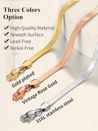 ChainsHouse Flat Snake Chain Herringbone Choker Necklace for Women, Stainless Steel/Rose Gold/18K Gold Plated Dainty Adjustable Simple Short Layered Necklaces, 12"/15"/18" with 3.5" Extender - color: a. rose gold-5mm