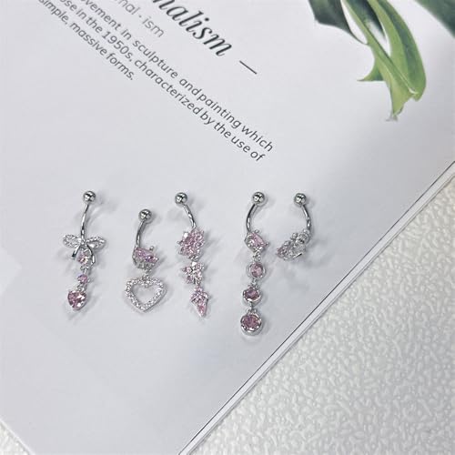 5Pcs 14G Dangle Belly Button Rings, Pink CZ Crystal Bow Heart Charm Drop Navel Piercing Barbell Studs Curved Belly Ring Summer Body Piercings Jewelry