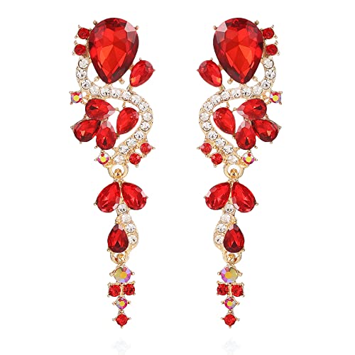 Fashion Rhinestone Statement Drop Dangle Earrings Long Colorful Crystal Bridal Wedding Teardrop Chandelier Earrings for Women Prom Pageant - color: Red