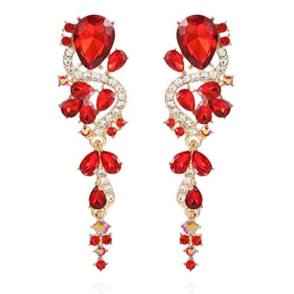 Fashion Rhinestone Statement Drop Dangle Earrings Long Colorful Crystal Bridal Wedding Teardrop Chandelier Earrings for Women Prom Pageant - color: Red