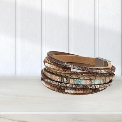 PU Leather Wrap Bracelet for Women Bohemian Handwoven Multi Layered Wristband Fashion Jewelry Accessory 7.68 Inch - color: Khaki