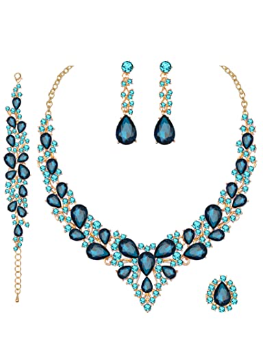 CSY Elegant Crystal Costume Jewelry Sets for Formal Events Gown Accessories | 4-Piece Set Bridal Necklace Earrings Bracelet Ring Set for Brides Eco-friendly Statement Jewelry for Wedding Party Prom - color: Aquamarine