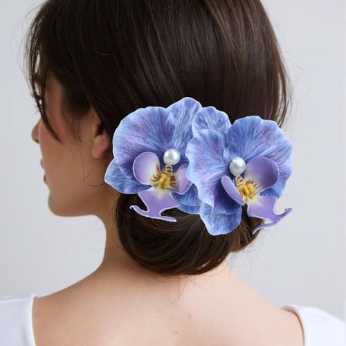 Bohemian Artificial Orchid Hair Clips, 2 Pack Floral Alligator Barrettes, Hawaiian Style Hairpins, 3.54 inch Pearl Decorated Flower Accessories Summer Beach Wedding Floral Headwear (Dark blue) - color: Dark blue