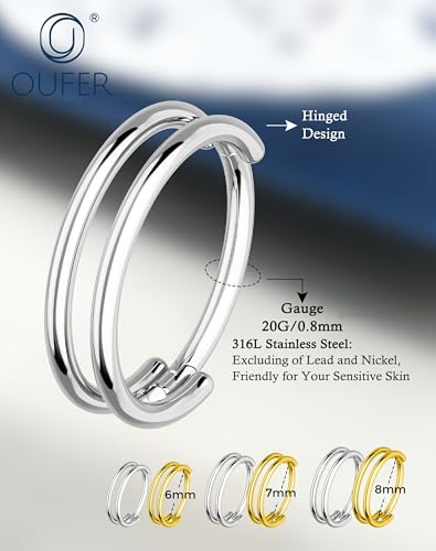 OUFER Nose Rings Hoops, 20G Double Rows Hoop Nose Ring For Women, 316L Surgical Steel Hinged Segment Cartialge Piercing, Inner Diameter 6/7/8MM Cartilage Rook Helix Lobe Tragus Earrings - color: Silver