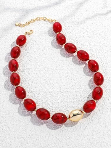 Chunky Beaded Necklaces for Women Statement Necklace | Bold Chunky Choker, Large Resin Beads, Adjustable Necklace, Boho Trendy Summer Beach Holiday Jewelry - color: Red-02