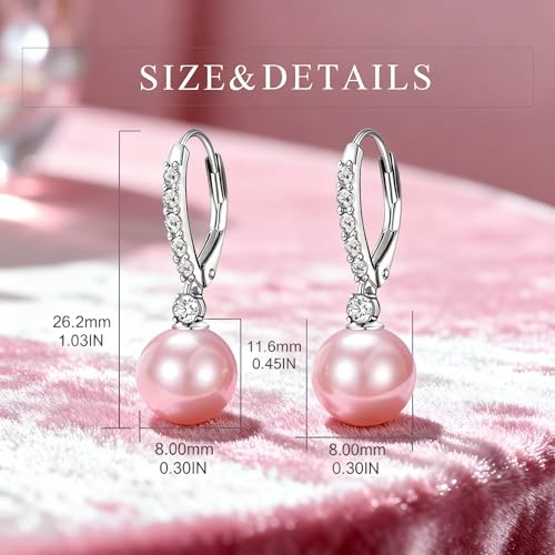 TIGER RIDER Pearl Earrings 925 Sterling Silver Leverback Hypoallergenic Drop Earring Jewelry for Women Birthday Gifts - style: Pink Pearl 3