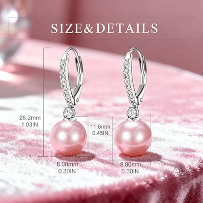 TIGER RIDER Pearl Earrings 925 Sterling Silver Leverback Hypoallergenic Drop Earring Jewelry for Women Birthday Gifts - style: Pink Pearl 3
