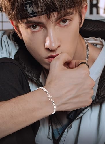 Initial Bracelet Matching Couple Bracelets Silver Letter A-Z Stainless Steel Cuban Link Chain Mens Bracelets Christmas Birthday Gifts for Men Women Him Teens Best Friends Husband Dad Son - color: D