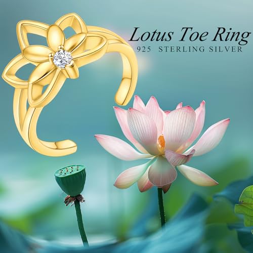 Alphm 925 Sterling Silver Toe Ring for Women Adjustable Open Toe Ring Foot Jewelry Gift - color: Gold Plated-Lotus