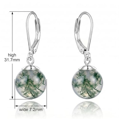Pearl Leverback Earrings for Women Dangle Round Gemstone Earrings Birthstone Jewelry Gift Anniversary for Her - color: 17 Waterweed Agate