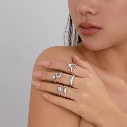 Roe Dolph Chunky Gold Rings for Women Stackable Statement Ring Set | Mixed sculptural shapes and polished surfaces create bold stacking combinations for parties dinners and everyday outfits - color: B3