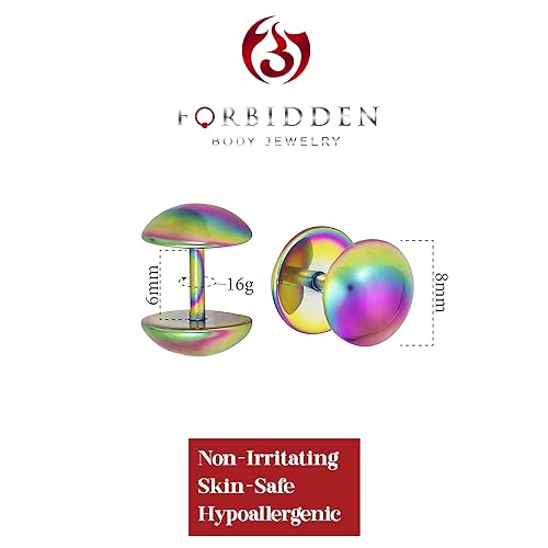 Forbidden Body Jewelry 16g 8mm Titanium IP Plated Surgical Steel Dome Cheater Plug Earrings, Fake 0 Gauge Earrings - style: Rainbow