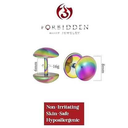 Forbidden Body Jewelry 16g 8mm Titanium IP Plated Surgical Steel Dome Cheater Plug Earrings, Fake 0 Gauge Earrings - style: Rainbow