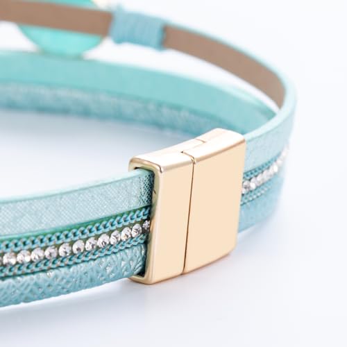 Boho Chunky Leather Wrap Bracelets Stackable Beaded Western Country Jewelry | Crystal Bead Trendy Layered Cuff Magnetic Clasp Stack Bohemian Statement Costume Outfits Cowgirl Fashion Hippie Accessories - color: Teal, size: 14.7"