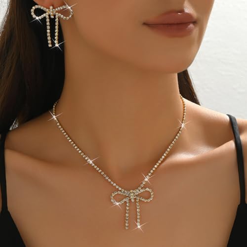 Gold Rhinestone Jewelry Set for Women Crystal Choker Necklaces Drop Earrings Adjustable Bracelet Elegant Prom Bridal Jewelry - color: Gold A