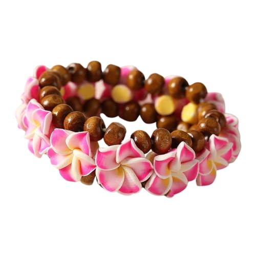Pingyongchang Boho Hawaiian Plumeria Rubra Bracelets for Women Handmade Colorful Tropical Flower Wooden Beads Stretch Bracelet Summer Beach Holiday Jewelry Gifts - color: Pink