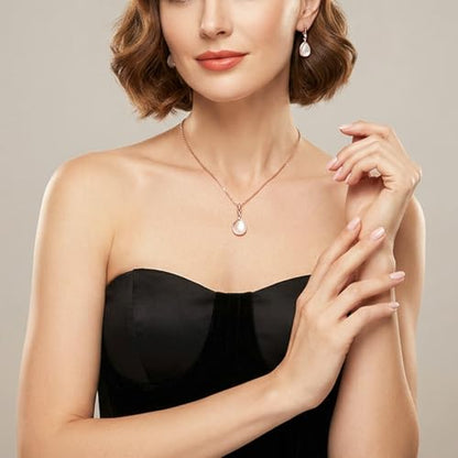 Amabro Teardrop Pendant Rose Gold Necklaces Earrings Jewelry Sets for Women | Pink Opal Water Drop Necklace & Earrings Adjustable Accessories Wedding Birthday Prom Formal Brides Bridesmaid