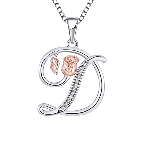 STARCHENIE Initial Necklace for Women Sterling Silver Letters 26 Alphabet Pendant Rose Flower Jewelry Gifts for Family Sisters Friend - color: D