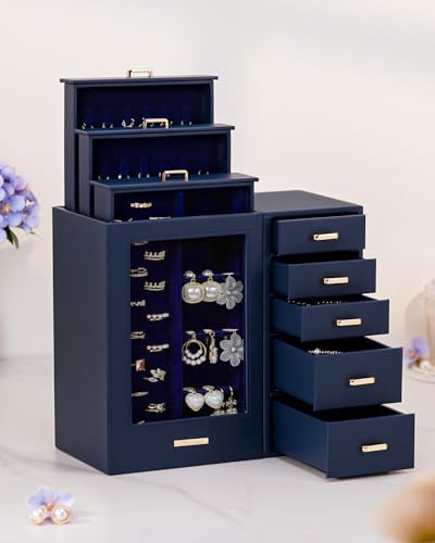 Homde Large Jewelry Box/Organizer/Case with Glass Window, Drawers for Necklaces Earrings Rings Bracelets Watches Gift for Women Girls - color: Dark Blue
