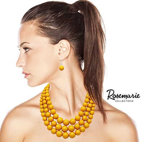 Rosemarie & Jubalee Women's 3 Colorful Multi Strands Simulated Pearl Necklace And Earrings Jewelry Gift Set, 18"+3" Extender - color: Mustard Yellow Silver Tone