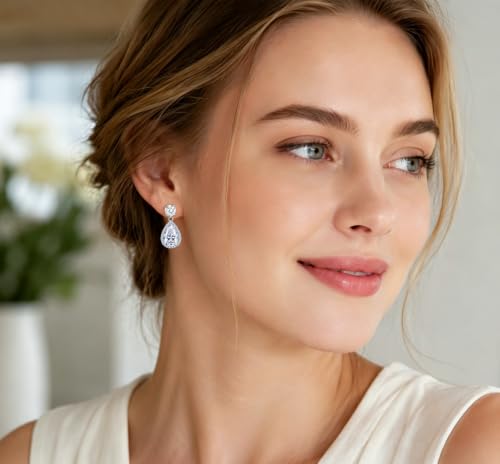 Drop Dangle Earrings Teardrop Gemstone Waterdrop White Gold Plated Crystal Hanging Cubic Zirconia Ruby Sapphire Emerald Jewelry Gift for Women Mother Wife - color: White
