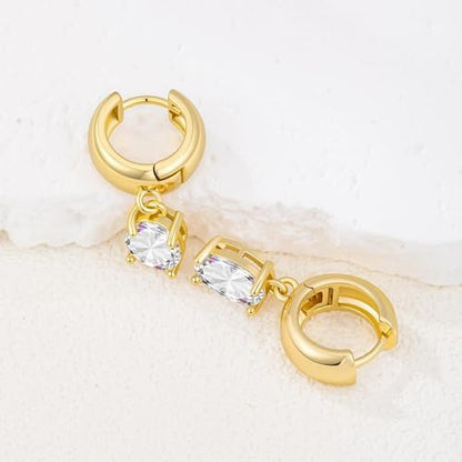 Chunky Gold Huggie Cz Dangle Earrings for Women | Hoop Huggies Dangly, Cubic Zirconia Drop Earring, Diamond Crystal Charm, Statement Dangling Earrings, Jewelry Gifts - color: Gold-Oval