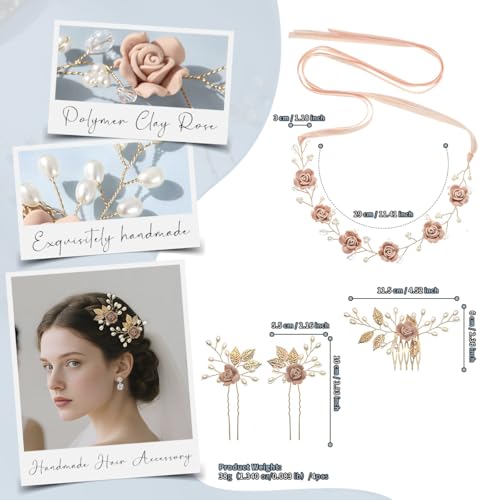 Wedding Hair Accessories Hair pieces Set Crystal bridal hair pins Rhinestone Pearl hair comb Brides and Bridesmaids, Girls, Women(（4PCS/SET PINK) - color: pink