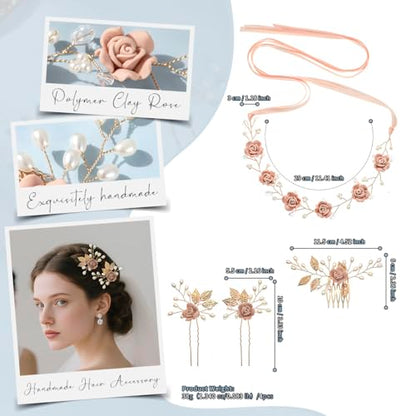 Wedding Hair Accessories Hair pieces Set Crystal bridal hair pins Rhinestone Pearl hair comb Brides and Bridesmaids, Girls, Women(（4PCS/SET PINK) - color: pink
