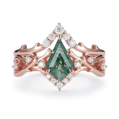 Natural Moss Agate Leafy Vintage Bridal Sets Wedding Rings for Women, 10K 14K 18K Solid Gold Kite-Cut Green Moss Agate and Moissanite Engagement Ring for Women Mother Her Jewelry Gift - color: 15-style15