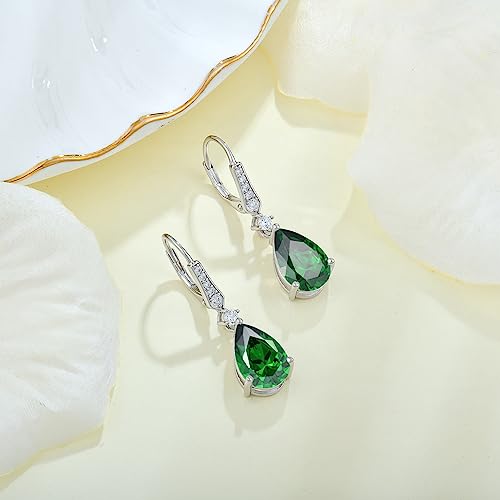 Women 925 Sterling Silver Birthstone Teardrop Leverback Drop Dangle Earrings 8 * 12mm 5A Cubic Zirconia Jewelry for Her - color: May,Emerald Color