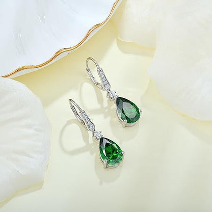 Women 925 Sterling Silver Birthstone Teardrop Leverback Drop Dangle Earrings 8 * 12mm 5A Cubic Zirconia Jewelry for Her - color: May,Emerald Color