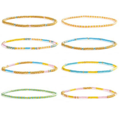 Colorful Stackable Rice Small Mini Seed Beaded Bracelets Set For Women, Handmade Dainty Boho Gold Glass Stretch Accessories Jewelry,Summer Beach Party Daily Friendship Gift - color: 8Pcs Blue Yellow